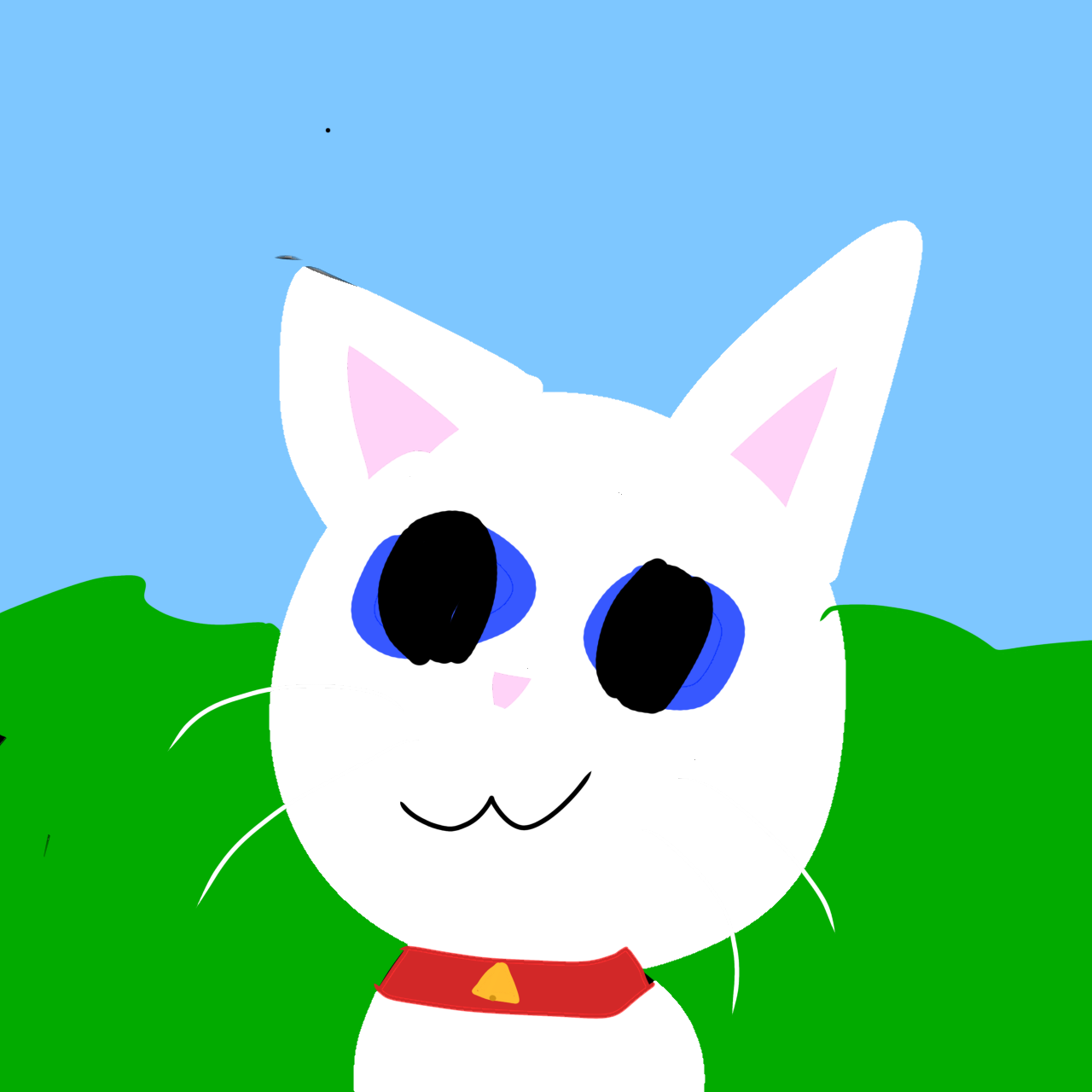 A white cat with blue eyes stands outside in the grass.